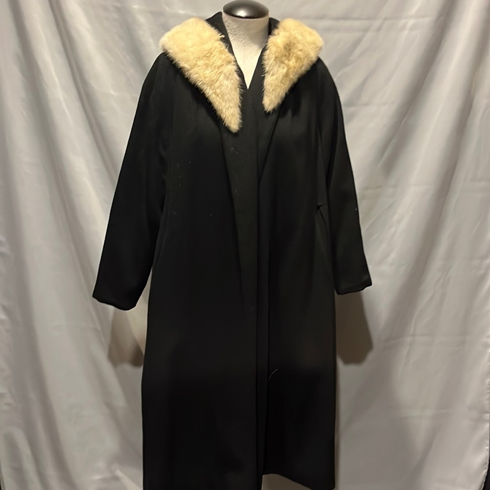 Vintage black wool coat with fur trimmed hood